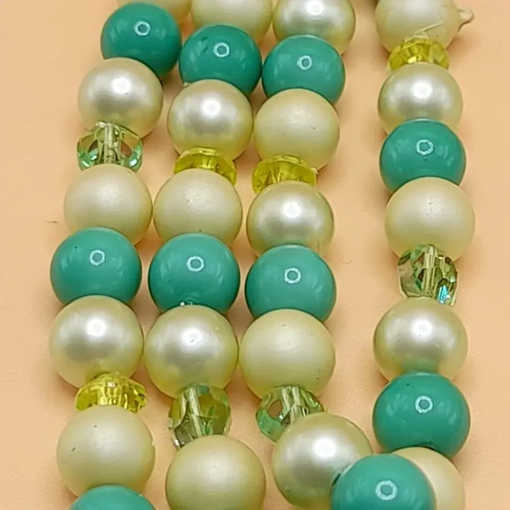 Vintage Green White Bead Necklace, Four Strands, AB Crystal Aspirin Beads, 16 In